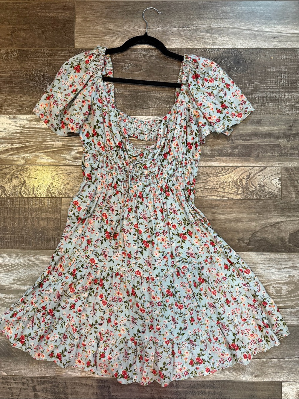 Angie Light Blue Floral Mini Dress with Red and Pink Flowers